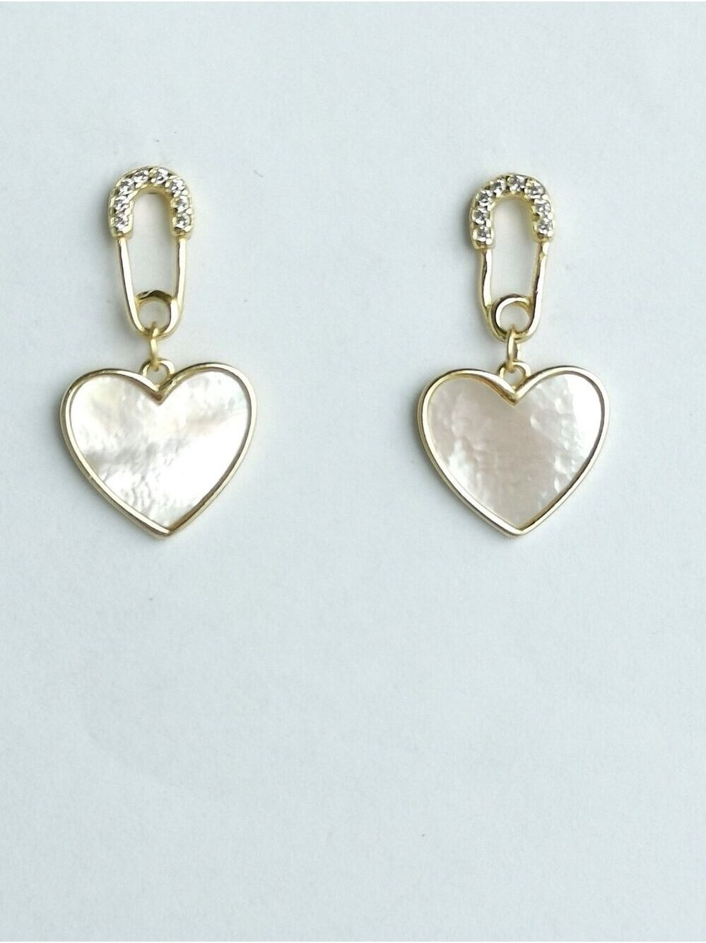 Pearl CZ  14k Gold Earrings Mother of Pearl Stud Heart Safety pin  🆕
